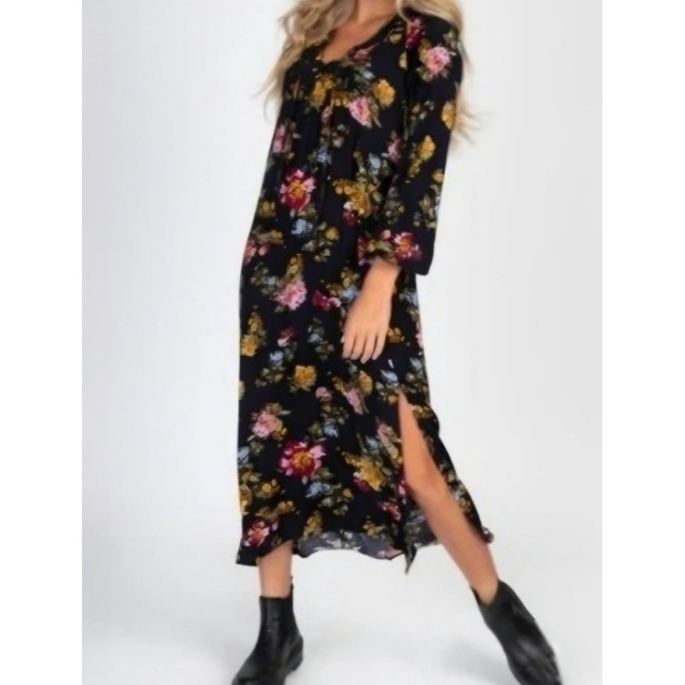 Natural Life Rowan Midi Dress Black Floral Flowy Size Small Boho Side Slit